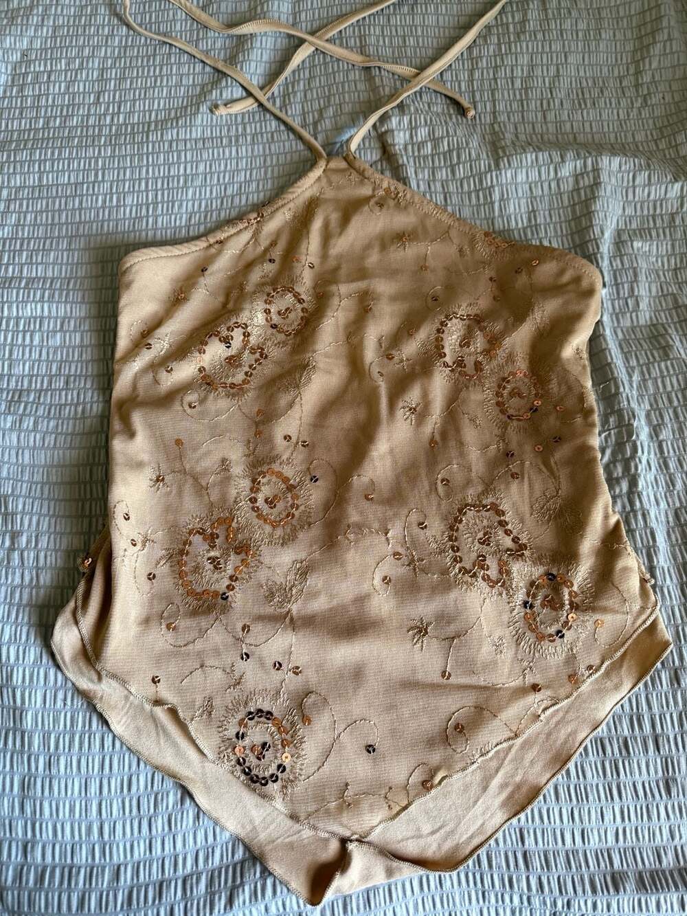 Rebellious Dreamer Beige Embroidered Sequin Halter Top